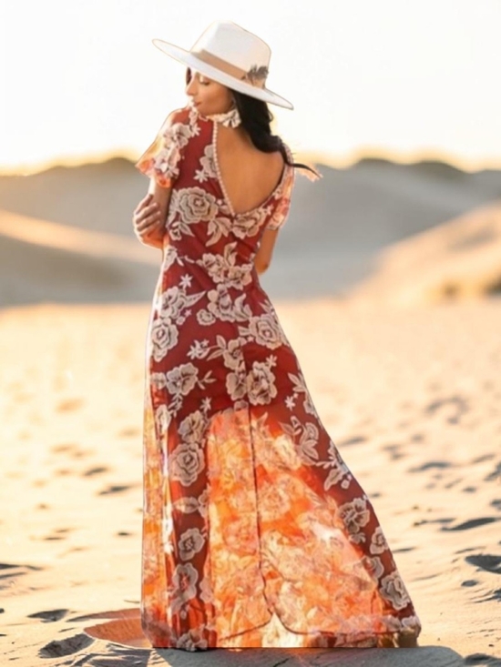 Joyfolie Dresses & Skirts - Joyfolie Maxi Dress with Cream Roses In Cinnamon